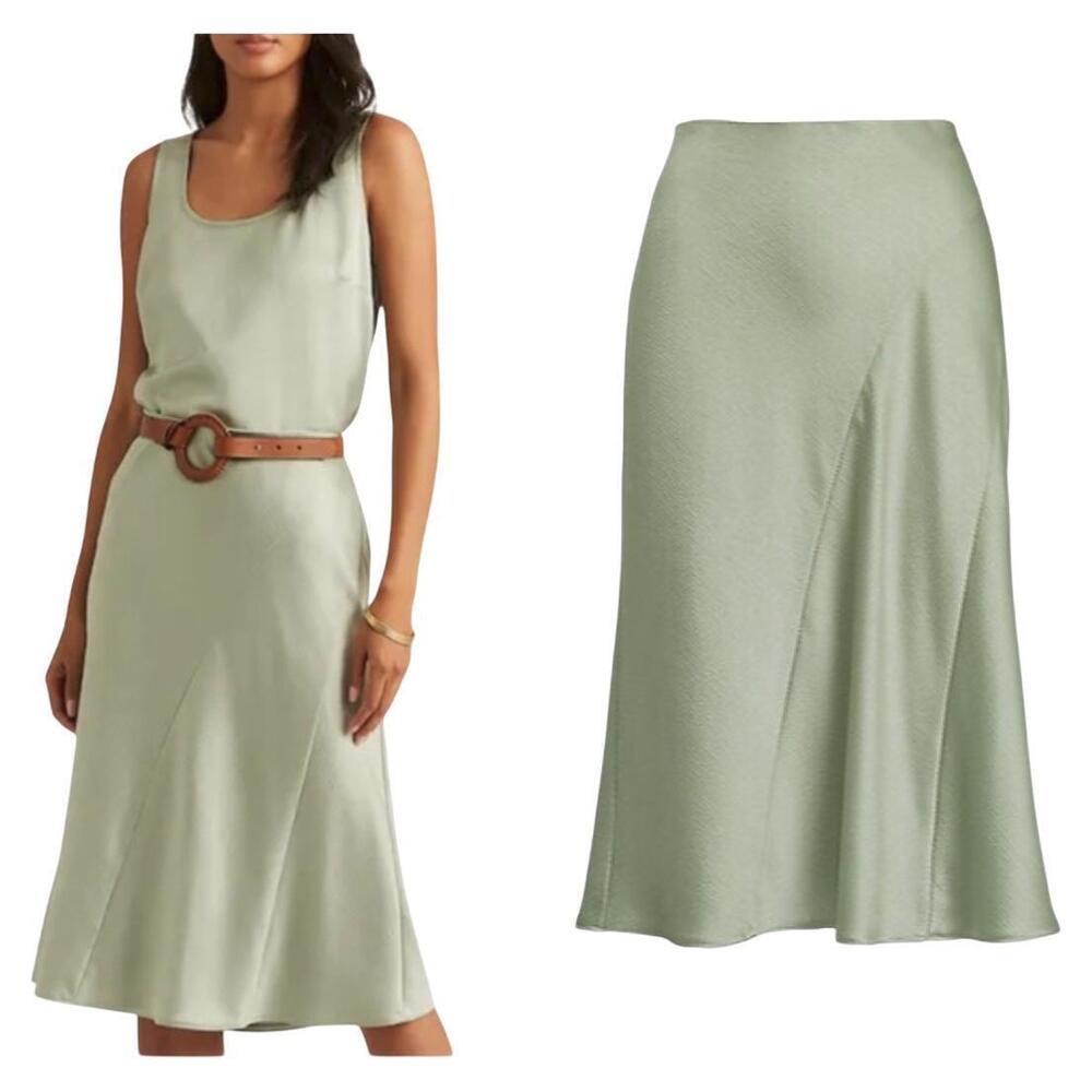 Lauren Ralph Lauren Skirt 6 Green Satin Pull On Elastic Waist A-Line Midi